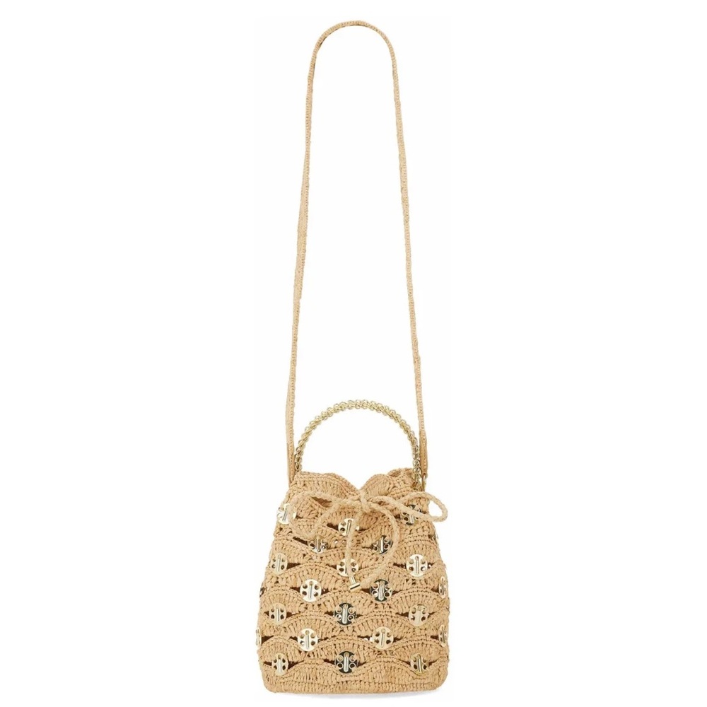 NEW Paco Rabanne 1969 Discs Gold Embellished Raffia Crossbody Bucket Bag